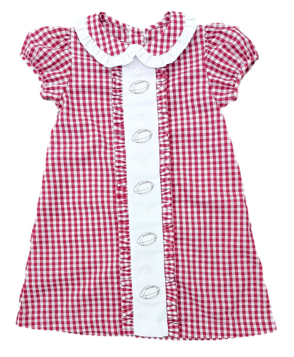 Clare Dress Red Gingham with Footballs
