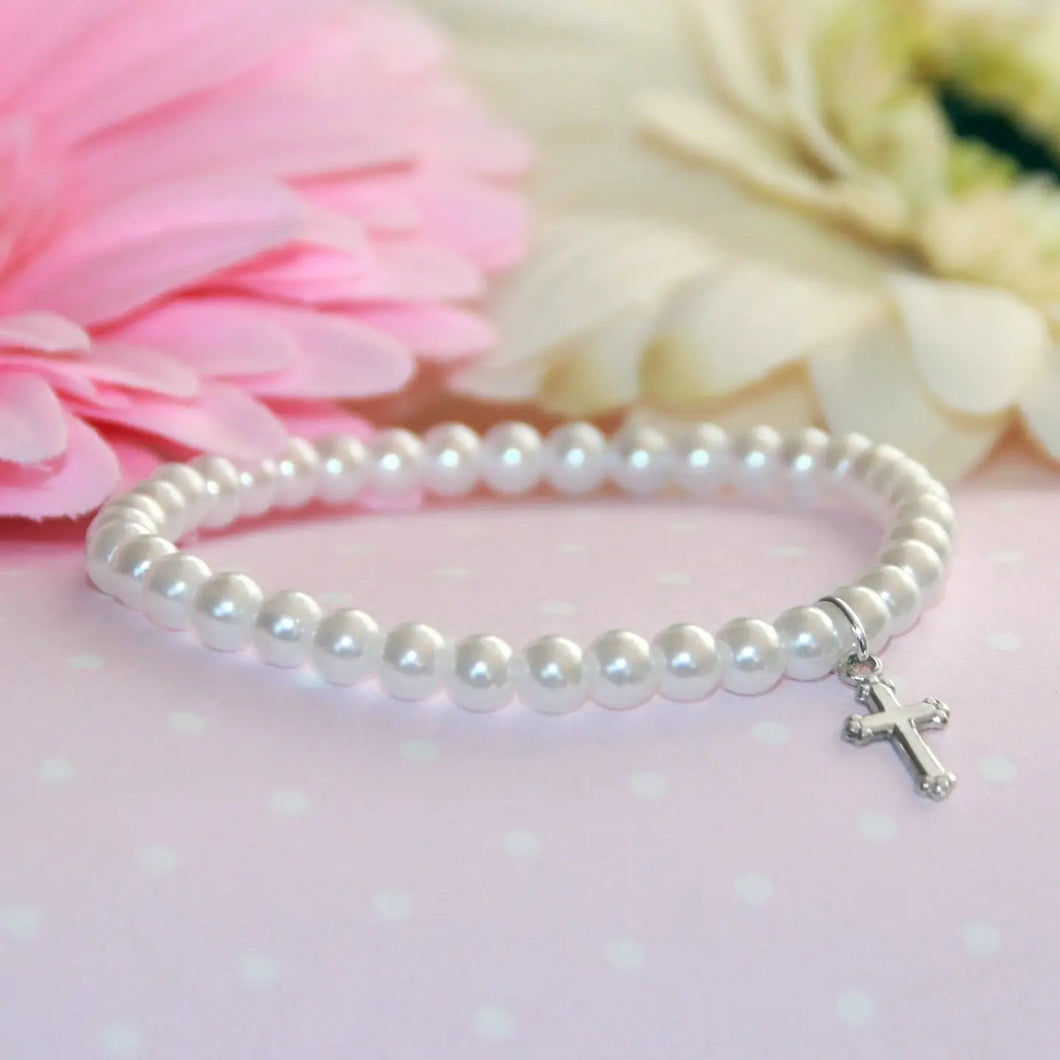 Rhodium Cross Pear Stretchy Bracelet